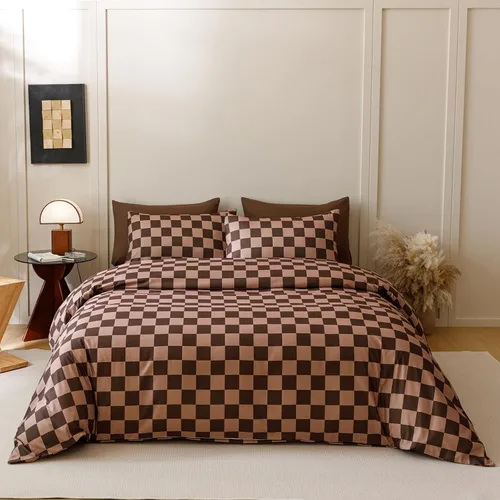 Vista 521 de CLOTHKNOW Juego de edredón de 3 piezas a cuadros color beige óxido, tamaño Full, juego de ropa de cama de cuadros edredón terracota con 2 fundas
