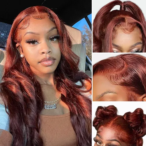 Vista 10 de Pelucas de cabello humano con encaje frontal color borgoña 99j de 13 x 6, densidad del 200 %, pelucas de encaje frontal HD 99j de color rojo