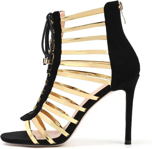 Vista 3 de Sandalias de vestir para mujer, Tacones altos de moda, sandalias con cordones con flecos Rojo Amarillo