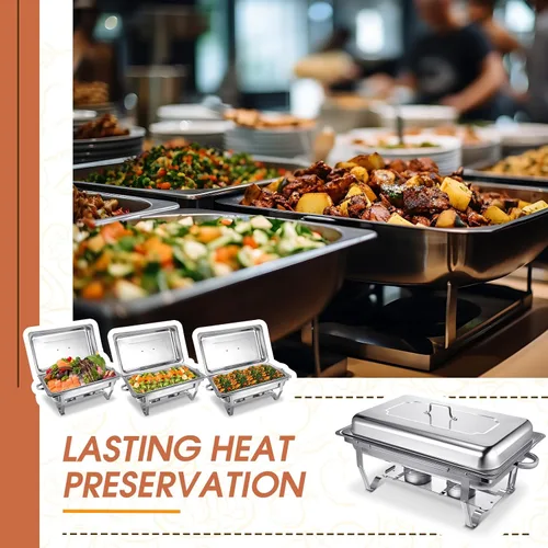 Vista 6 de Juego de 8 platos de bufé de 9 cuartos de galón rectangulares de acero inoxidable con marco plegable, bandeja de agua, bandeja para alimentos