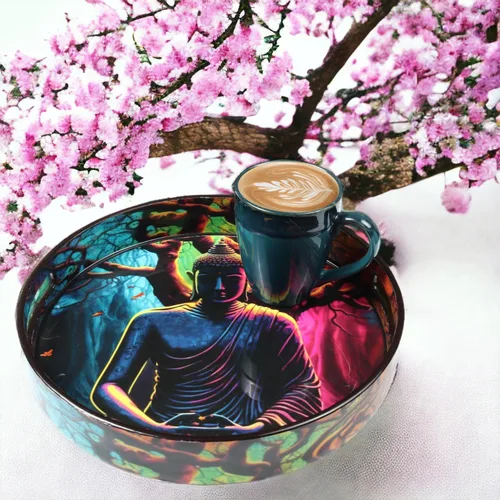 Vista 9 de Crocon Bandeja redonda decorativa para mesa de café, desayuno, bandeja otomana impresa con buda, portavelas, centros de mesa multiusos para comedor