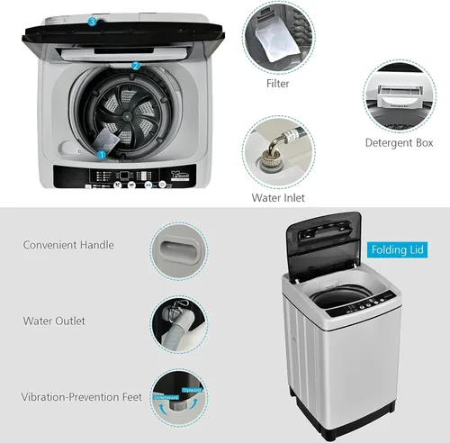 Vista 2 de Giantex Lavadora completamente automática, lavadora portátil 2 en 1 de 1.5 pies cúbicos, capacidad de 11 libras, lavadora e hilandero, combo de 8