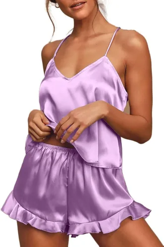 Vista 3 de Ekouaer Conjunto de camisola de pijama de seda con volantes para mujer