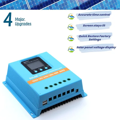 Vista 2 de Controlador de carga solar MPPT mejorado de 100 A 12 V 24 V 36 V 48 V con pantalla LCD Regulador inteligente de batería Entrada máxima de 100 V USB