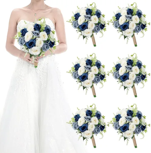 Vista 34 de Ramos para dama de honor para boda - Ramo de flores artificiales de 7 pulgadas para fiesta, ceremonia, aniversario, centros de mesa para mesa de Azul