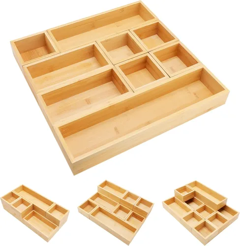 Vista 8 de Juego de organizadores de cajones de bambú, 5 piezas de organizadores individuales de almacenamiento de madera multiusos, divisor de cajón