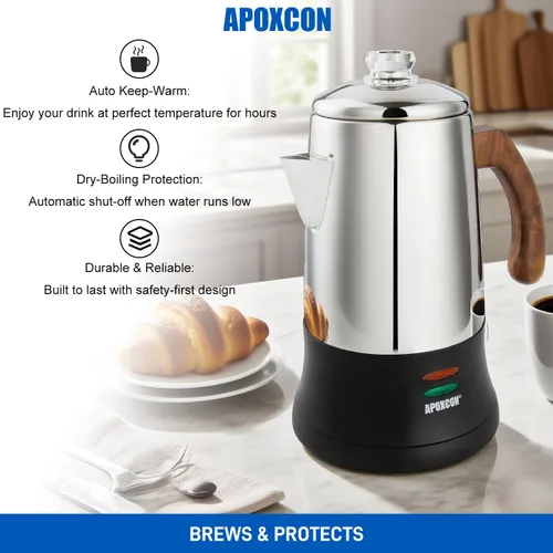 Vista 6 de APOXCON Percolador de Café Eléctrico Cafetera de Acero Inoxidable con Perilla de Vidrio Resistente Transparente para Ver el Progreso
