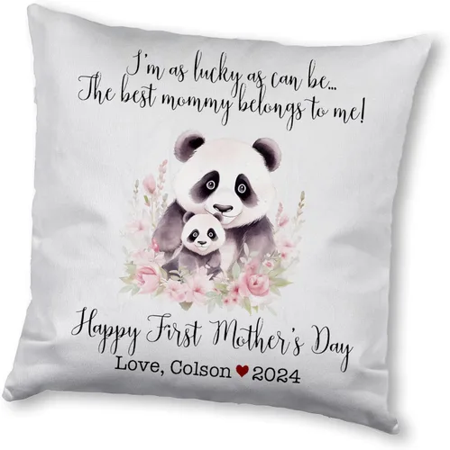 Vista 10 de Funda de almohada personalizada para el primer día de la madre, diseño de panda con niños, funda de almohada personalizada para el día de la madre