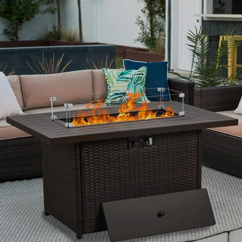 Mesa de Fogata de Propano, 44 Pulgadas 55000 BTU Fogata de Gas Exterior Rectangular con Protector de Viento de Vidrio para Patio y Terraza Exterior