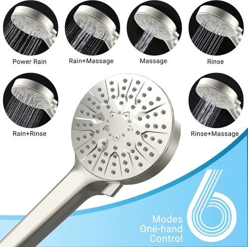 Vista 4 de Cabezal de ducha de 6 modos con mano, cabezales de ducha de mano de alta presión, cabezal de ducha desmontable con manguera de acero inoxidable