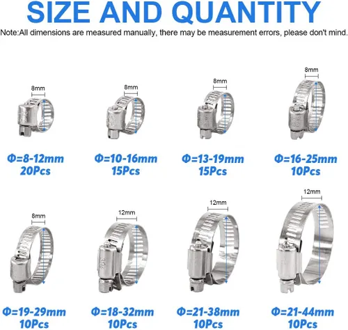 Vista 2 de Glarks Juego surtido de abrazaderas de manguera de engranaje helicoidal de acero inoxidable 304 de rango ajustable de 0.315-1.732 in, abrazadera