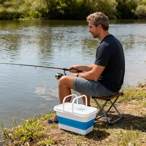 Vista 5 de Cubo de pesca con mini bomba de oxígeno, portátil, plegable, plegable, caja de contenedores de peces vivos con malla transpirable que ahorra espacio