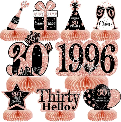 Vista 39 de 9 piezas de decoración de cumpleaños negro dorado 16 centros de mesa de panal para niños y niñas, centros de mesa de feliz cumpleaños 16