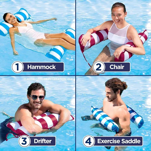 Vista 3 de Aqua Monterey - Hamaca flotante para piscina, paquete de 3, dos azul claro y uno borgoña/rayas blancas, paquete de 3