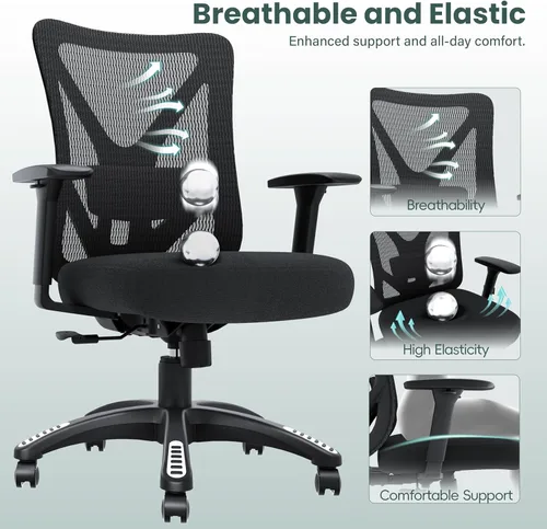 Vista 9 de Silla de oficina ergonómica, sillas de escritorio de malla para computadora con soporte lumbar ajustable, reposabrazos 3D, función de inclinación
