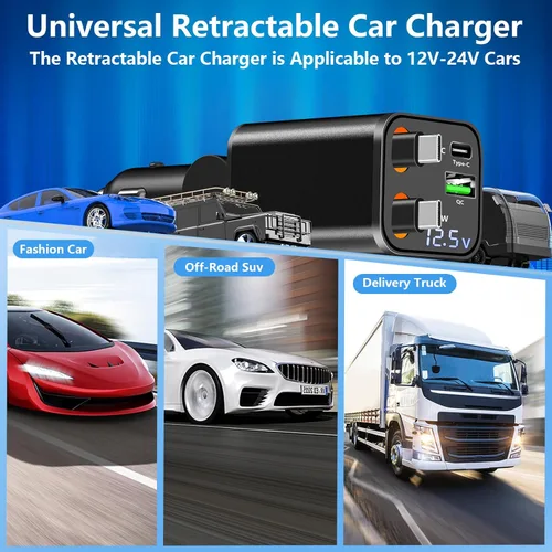 Vista 7 de [Apple MFi Certified] Retractable Car Charger USB C, Braveridge 120W USB C Car Charger 4 in 1 PD/QC Type C Fast Charge Cigarette Lighter Adapter for