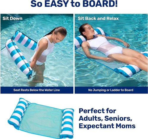 Vista 4 de Aqua Monterey - Hamaca flotante para piscina, paquete de 3, dos azul claro y uno borgoña/rayas blancas, paquete de 3