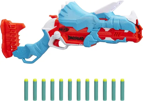 Pistola de dardos Nerf DinoSquad Tricera-Blast, 12 dardos oficiales Nerf, rellenos para calcetines navideños, juguetes de dinosaurios para niños al