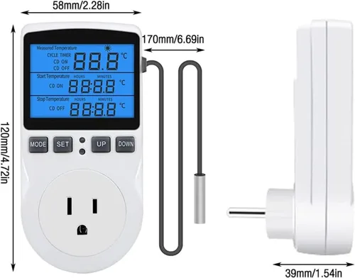 Vista 6 de Controlador de temperatura digital retroiluminado, pantalla LCD, termostato de refrigeración de calefacción, enchufe de salida con sensor regulador