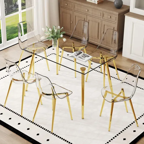 Vista 9 de Juego de mesa de comedor de cristal de Ebullient para 4 personas, juego de 5 piezas con 4 sillas de comedor de piel sintética negras, tablero