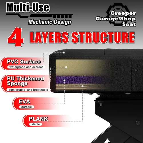 Vista 6 de Taburete mecánico con ruedas, taburete hidráulico ajustable para taller, silla rodante de trabajo de garaje para taller, capacidad de 400 libras