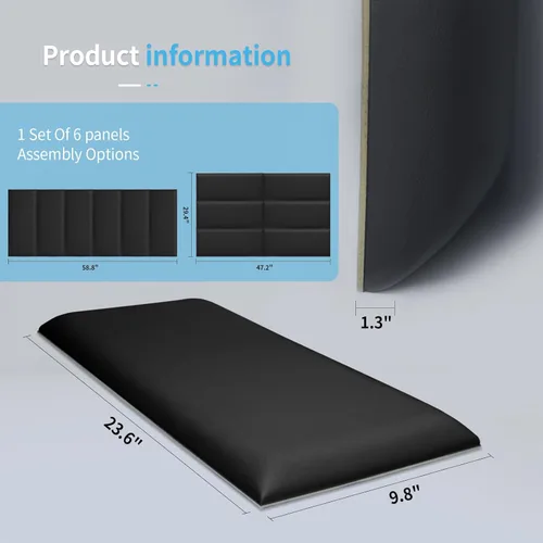 Vista 3 de Art3d Cabecero autoadhesivo para cama individual en negro, paquete de 6 paneles de 9.84 x 23.62 pulgadas, paneles de pared 3D insonorizados, panel