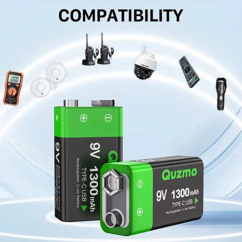 Vista 5 de Paquete de 2 baterías recargables de iones de litio de 9 voltios, 1300 mAh de larga duración, recarga USB-C con cable de carga 2 en 1 para alarmas