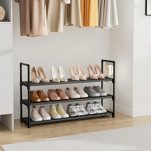 Vista 7 de Shoe Rack for Closet Shoe Organizer Space Saver Storage for 12-15 Pair Shoe Shelf with Hook Free Standing 3 Tier Shoe Rack Organizer for Entryway