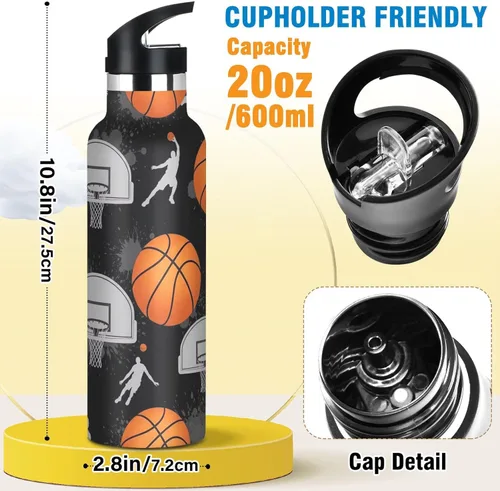 Vista 2 de Water Bottle for Kids with Straw Leakproof Insulated Water Bottle 20oz, BPA-Free, Orange Basketballs