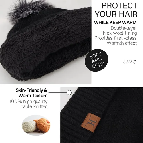 Vista 2 de Conjunto de gorro de punto cálido para mujer, bufanda larga, guantes para pantalla táctil, con forro polar, gorro de calavera con pompones, regalos