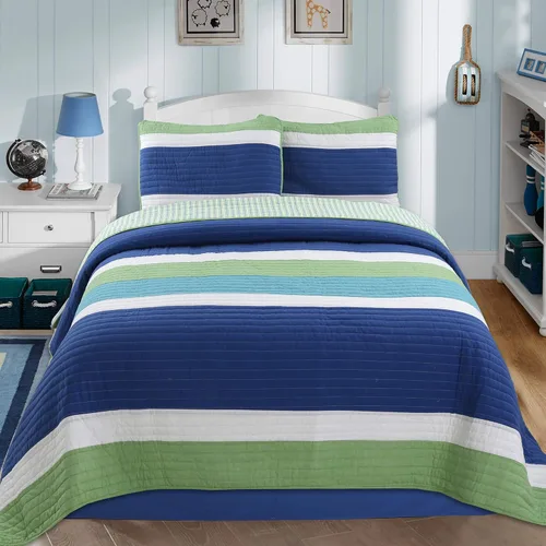 Vista 20 de Cozy Line Home Fashions Juego de ropa de cama acolchada reversible para niño de 100% algodón a rayas azul marino, colcha cubrecama para todas