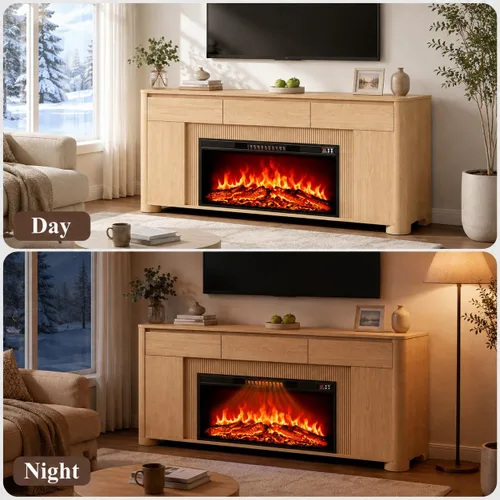 Vista 6 de Soporte de TV con chimenea de 70 pulgadas para televisores de 80 pulgadas Natural