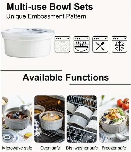 Vista 15 de Ramequines de 177 ml con tapas aptos para horno, pequeños ramequines de crema catalana con cubiertas, juego de 4 ramequines de cerámica, tazones