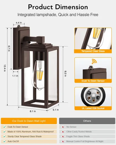 Vista 59 de VIANIS Lámpara de pared dorada para exteriores, sensor de atardecer a amanecer, apliques de montaje en pared exterior para casa, lámparas de pared