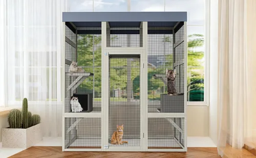 Vista 6 de Gran recinto Catio para exteriores, espaciosa casa de madera para gatos con cinco plataformas de actividades y dos áreas de descanso, refugio