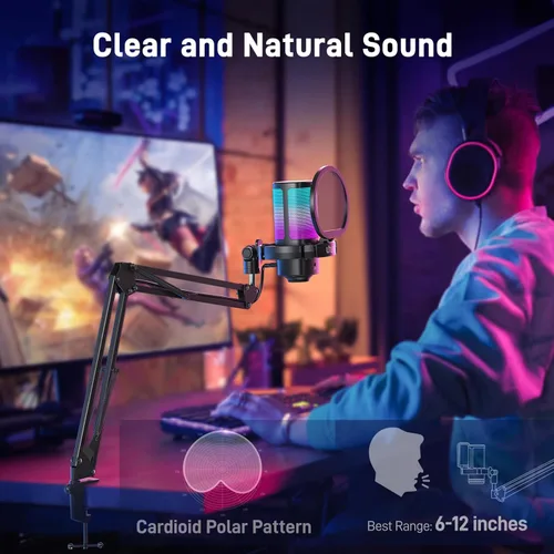 Vista 7 de UHURU Micrófono USB para juegos para PC, micrófono de computadora con RGB controlable para jugadores de PS4/5, micrófono de podcast con brazo boom