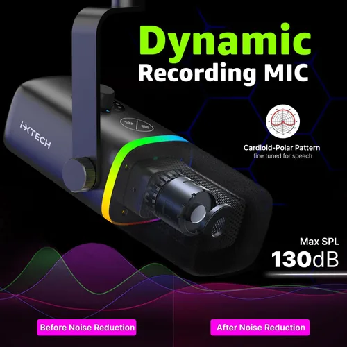 Vista 3 de IXTECH - Micrófono USB para juegos para PC, micrófono condensador con cancelación de ruido para podcasts y transmisión de video con soporte