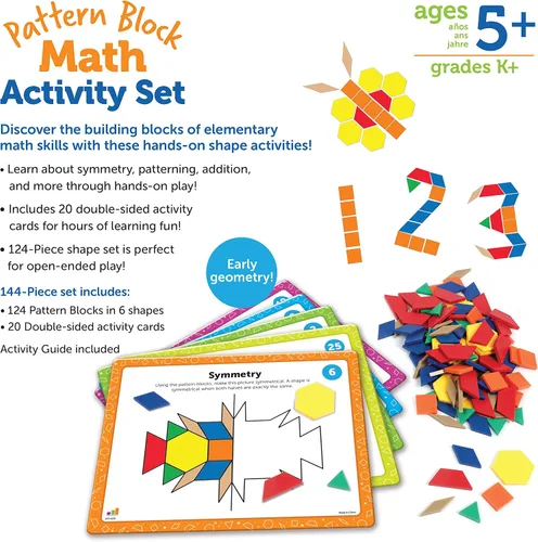 Vista 4 de Learning Resources Juego de actividades matemáticas con bloques de patrones, 144 piezas, a partir de 5 años, juegos educativos de jardín