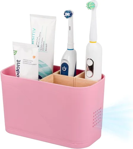 Vista 9 de Soportes para cepillo de dientes con drenaje para baños, soporte para cepillo de dientes de 4 ranuras con divisores de bambú, organizador de cepillo