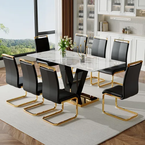 Vista 7 de gopop Juego de mesa de comedor para 8, moderno juego de mesa de comedor de mármol de 71 pulgadas, mesa rectangular grande de vidrio y 8 sillas