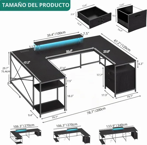 Vista 2 de YITAHOME Escritorio en Forma de U con Tomas de Corriente y Luces LED, Escritorio Reversible en Forma de L de 79" con Cajones, Escritorio de Esquina