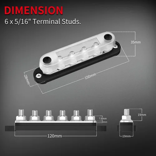 Vista 3 de DAIERTEK Barra colectora de 12 V, 6 x 5/16" (M8) terminales de perno, bloque de distribución de energía de 12 voltios con tapa, barra colectora