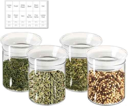 ZENS Tarros de vidrio de 10 onzas con tapa hermética, paquete de 4 recipientes de cocina de vidrio para especias, té suelto, pequeños tarros de