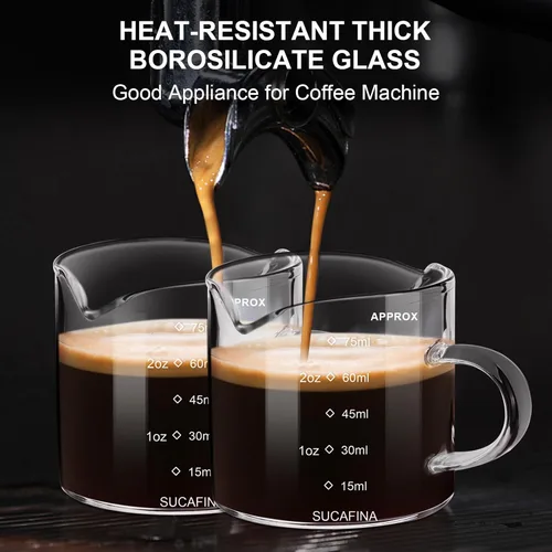 Vista 5 de PARACITY Juego de 2 tazas de café expreso con asa, taza medidora de vidrio de doble boquilla con doble escala, vaso de chupito de espresso con boca