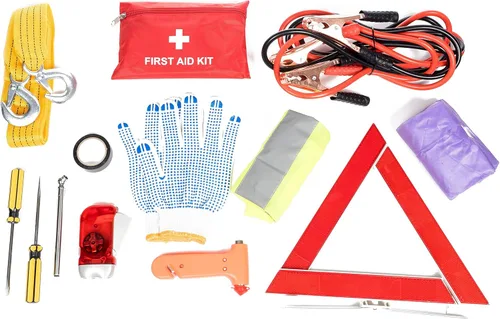 Vista 8 de Kit de emergencia para automóvil en carretera, juego de primeros auxilios, cables de puente, correa de remolque, luz de flash LED, capa de lluvia