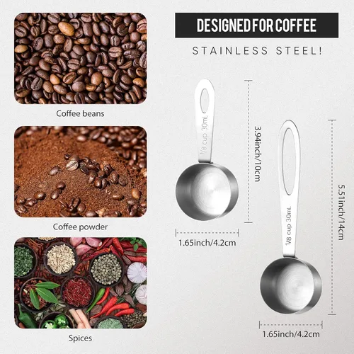 Vista 2 de Geiserailie 4 cucharadas de café de acero inoxidable, 2 cucharadas de medición de café, incluye 2 cucharadas de mango corto, 2 asas largas para té
