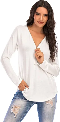 Vista 2 de Acelcyceo Blusa holgada con cuello en V para mujer blusa de manga larga y corta con cremallera
