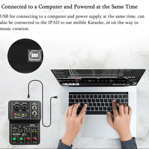 Vista 58 de Mini mezcladores de DJ de 5 canales, mezclador de audio en vivo, tablero de sonido con USB, interfaz de audio con 48 V Phantom Power Sonidos