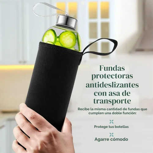 Vista 5 de Kitchen Lux Botellas de agua de vidrio de 16 onzas, botellas de agua reutilizables con herméticas, paquete de 4, tapas de acero inoxidable, correa