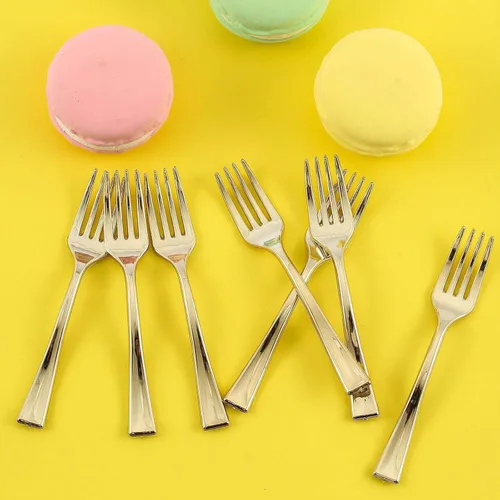 Vista 6 de Efavormart - Tenedor de plástico dorado de 4 pulgadas, 24 unidades, tenedor de plástico para ensalada, tenedor dorado para tartas